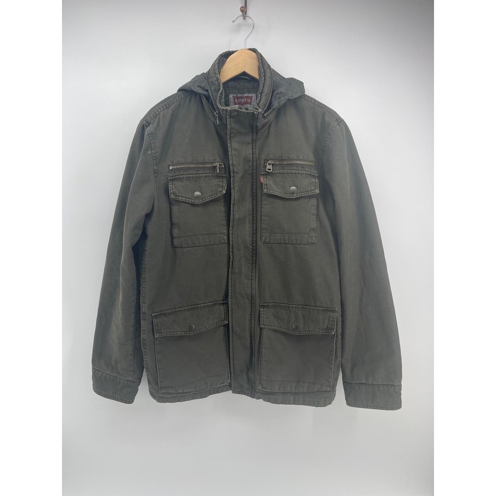 Levis Mens Military Field Jacket Olive Green Quilted Lined Hooded Utility Coat M
